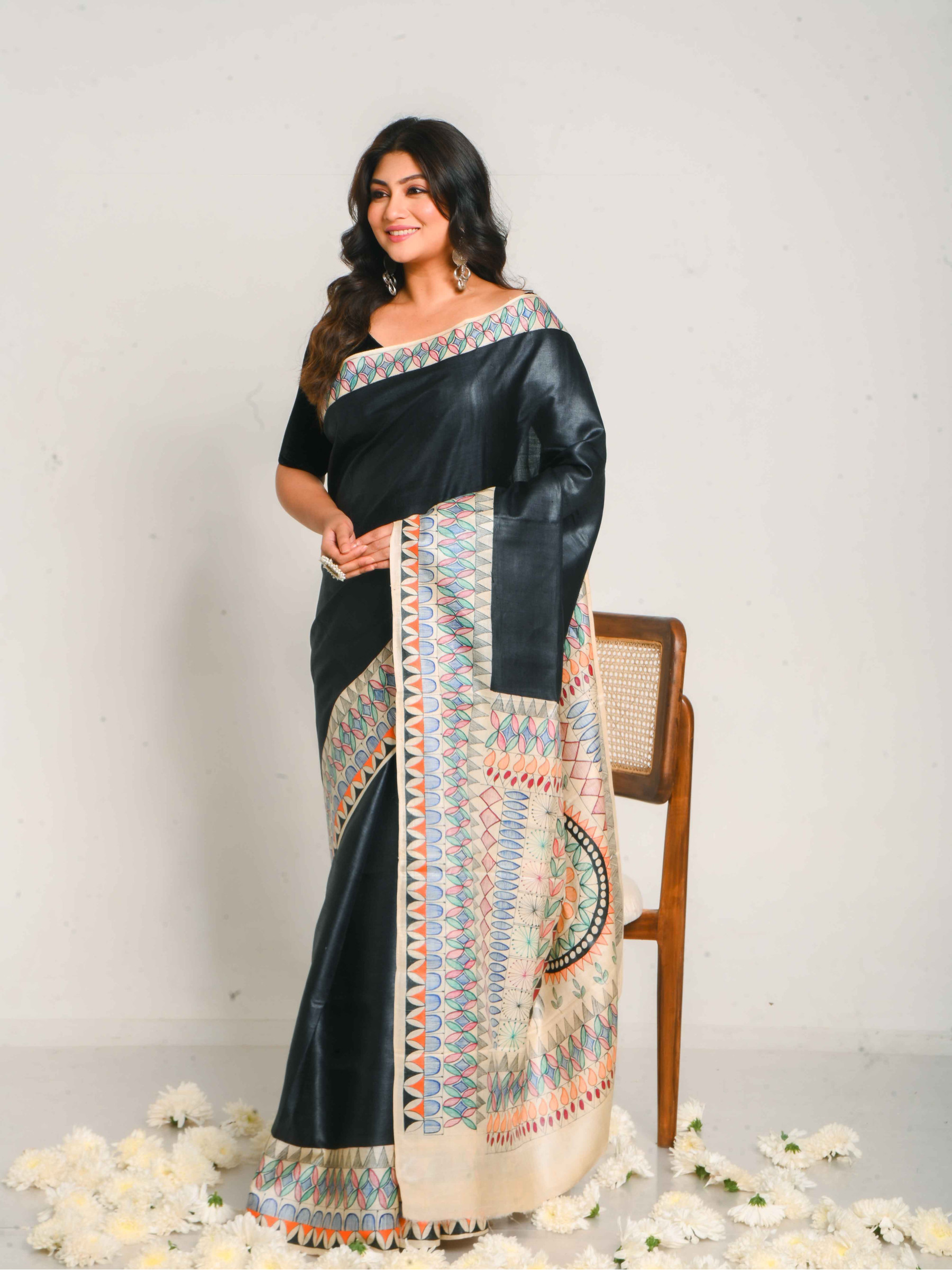 Madhubani Hand Paint Tussar Saree in Shades of Black - BSHP35